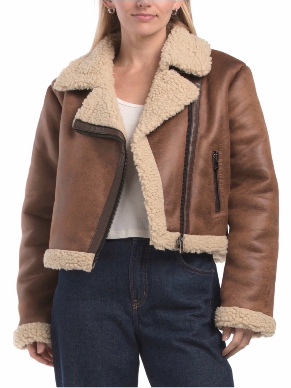 NWT AMAPELLE FAUX LEATHER SHEARLINE PUFFER IN COGNAC/BEIGE SIZE L